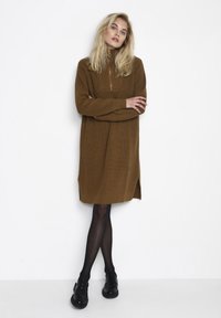 Robe tricotée marron avec des manches longues et un col montant, dotée d'une fermeture éclair sur le devant et d fente sur les côtés. Portée sur des collants noirs et des chaussures.