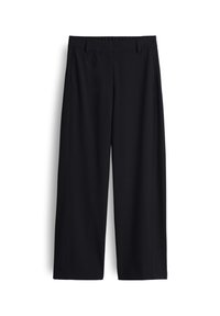Pantalons larges noirs avec une texture lisse, dotés d'une taille plate, de poches latérales et de lignes épurées et minimalistes.