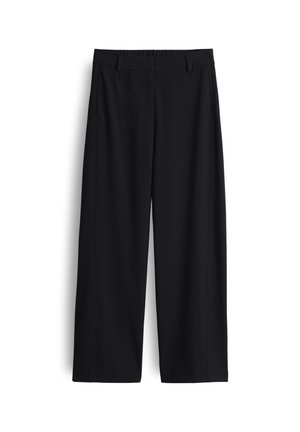 Pantaloni neri a gamba larga con una superficie liscia, dotati di una cintura piatta, tasche laterali e linee pulite e minimaliste.