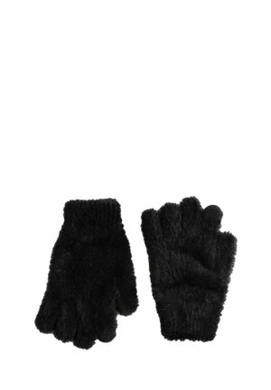 Svarta, fingerlösa handskar gjorda av mjukt, fluffigt material. Har en ribbad manschett och en strukturerad yta för värme och komfort.