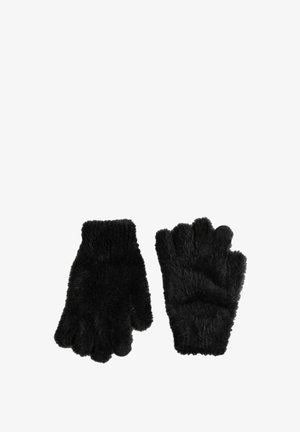 Zwarte, vingerloze handschoenen gemaakt van zacht, pluizig materiaal. Kenmerkt zich door een geribde manchette en een gestructureerde oppervlakte voor warmte en comfort.
