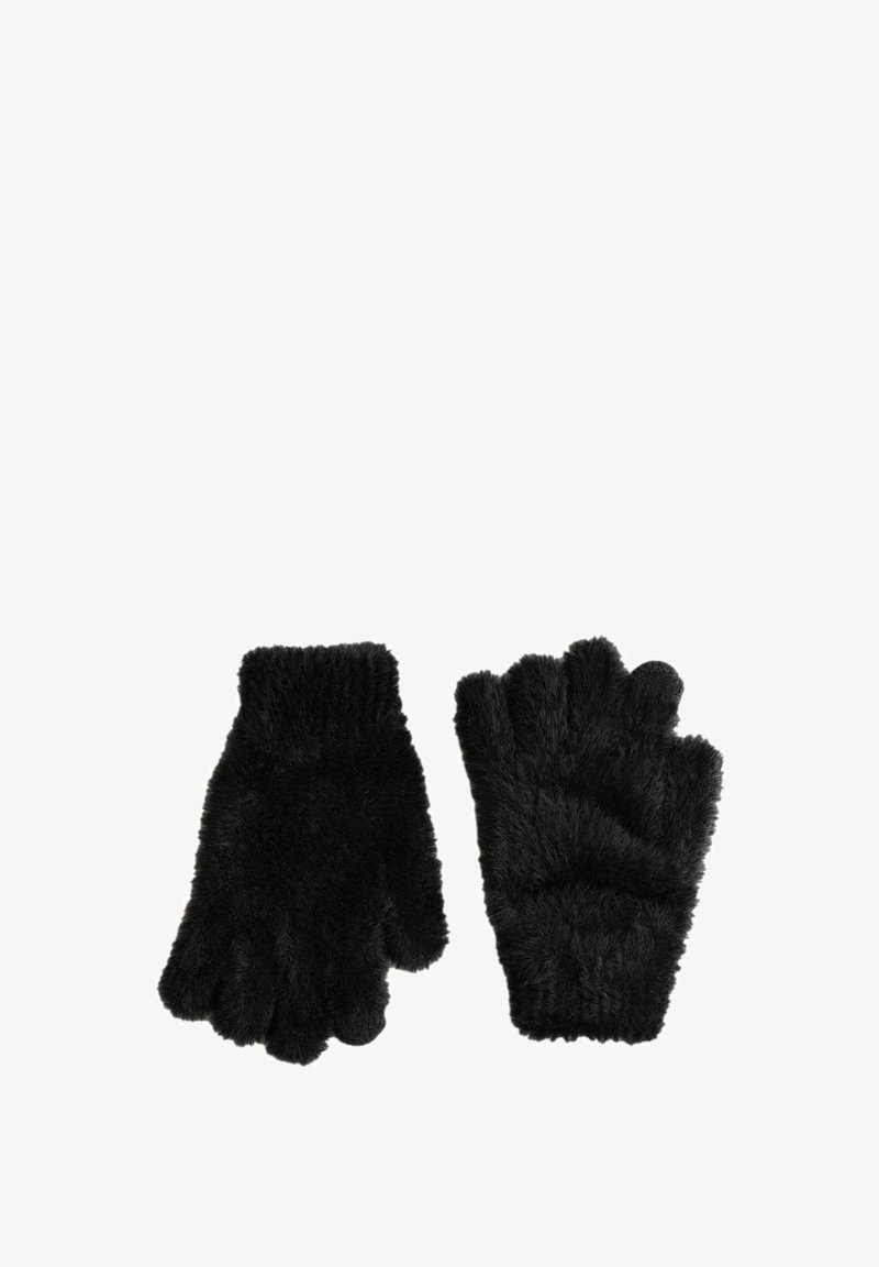 Čierne, bezprstové rukavice vyrobené z jemného, nadýchaného materiálu. Obsahujú rebrovaný manžet a textúrovaný povrch pre teplo a pohodlie.