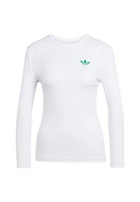 Long-sleeve white shirt with a textured pattern, featuring a small green Adidas logo on the chest. Standard crew neckline and fitted shape.