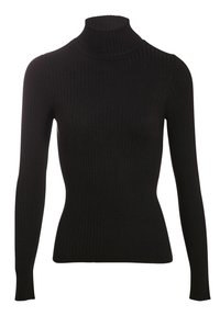 Sort ribbet rullekrave sweater lavet af blødt strikket stof med lange ærmer og en tætsiddende silhuet. Glat tekstur og enkelt design.