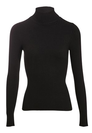 Maglione a collo alto nero in maglia a coste, realizzato in un morbido tessuto knit con maniche lunghe e una silhouette aderente. Texture liscia e design semplice.