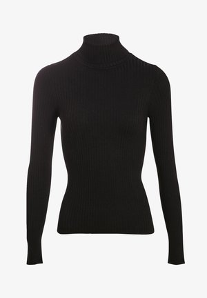 Pull à col roulé noir à côtes, fabriqué en tissu tricoté doux, avec des manches longues et une silhouette ajustée. Texture lisse et design simple.