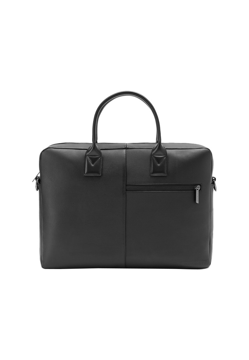 Black briefcase with textured surface, two handles, front zip pocket, and no visible logos. Rectangular shape, smooth synthetic material.