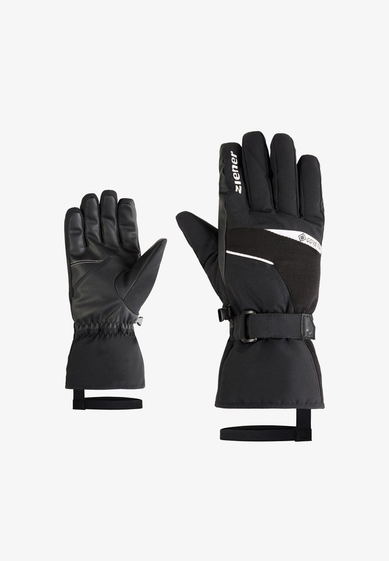 Schwarze wasserdichte Handschuhe mit einer Lederhandfläche, elastischen Bündchen, verstellbaren Riemen und einem strukturierten atmungsaktiven Stoffmuster. Mit reflektierenden Akzenten.