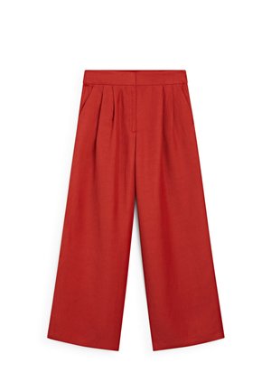 Rote weite Hosen aus leichtem Stoff, mit glatter Textur und vorderen Falten. Entworfen mit einem hohen Taillenbund für Klarheit.