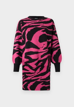 Knitted dress with pink and black zebra pattern, round neckline, long sleeves, and ribbed black cuffs. Soft texture, knee-length design.