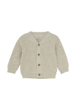Beige knitted baby cardigan with long sleeves and four brown buttons down the front, featuring subtle multicolor speckles.