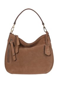 Braune Wildleder-Schultertasche mit geschwungener Form. Verfügt über einen oberen Reißverschluss, eine Seitentasche mit Reißverschluss und einem dekorativen Anhänger mit Branding.