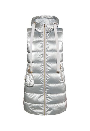 Vesta puffer argintie cu glugă, cu un design pătrățel orizontal, fermoar frontal și curele ajustabile. Include o mică buzunare pe lateral.