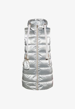 Ezüst puffertakaró kapucnival, vízszintes steppelt dizájnnal, elöl cipzárral és állítható pántokkal. Oldalán egy kis zseb található.