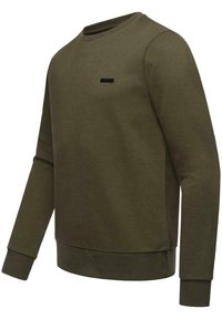 Felpa verde olivo realizzata in tessuto morbido. Presenta un collo a giro, maniche lunghe, polsini a costine e un piccolo logo nero sul petto.