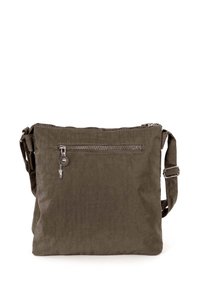 Khakifarbene Umhängetasche aus strukturiertem Stoff, mit einem Reißverschlussverschluss, einer Vordertasche mit Reißverschluss und einem verstellbaren Tragegurt.