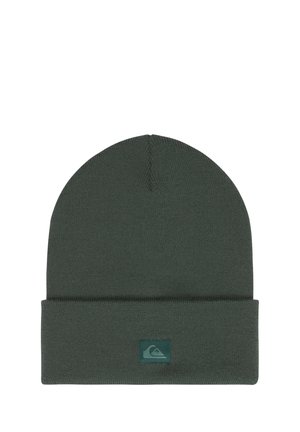 Bonnet tricoté vert foncé avec un revers plié et une petite étiquette carrée avec logo au centre avant du revers.