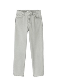 Jean en denim gris avec un design à jambe droite, plusieurs poches, une fermeture à glissière à l'avant avec un bouton, et une finition légèrement délavée.
