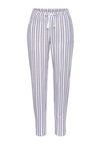 Lichte katoenen pyjamabroek met verticale pastelstrepen in roze en blauw. Voorzien van een elastische tailleband met een trekkoord voor verstelbaarheid.