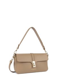 Beige leather handbag with a structured design, featuring a fold-over flap and a gold-tone clasp. Includes a detachable strap.
