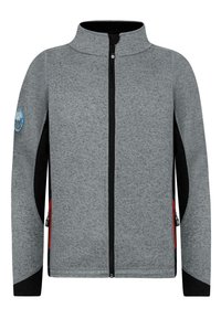 Grå zip-up jacka med svarta detaljer, texturerad tyg, hög krage och röda dragkedjefickor på sidan. Har ett detaljerat märke på vänster arm.