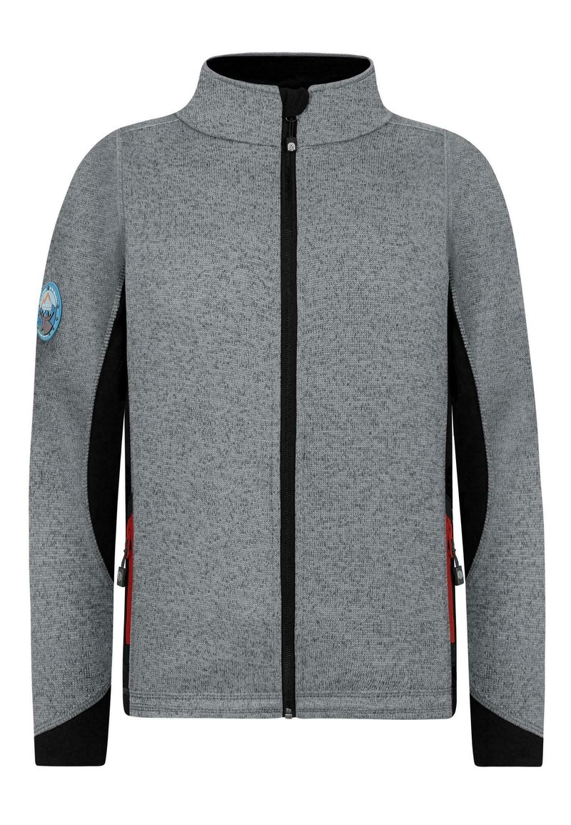 Grå zip-up jacka med svarta detaljer, texturerad tyg, hög krage och röda dragkedjefickor på sidan. Har ett detaljerat märke på vänster arm.