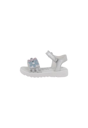 Sandalo argento per bambini con cinturini in velcro, decorazione floreale blu e rosa nella parte anteriore e suola bianca strutturata.
