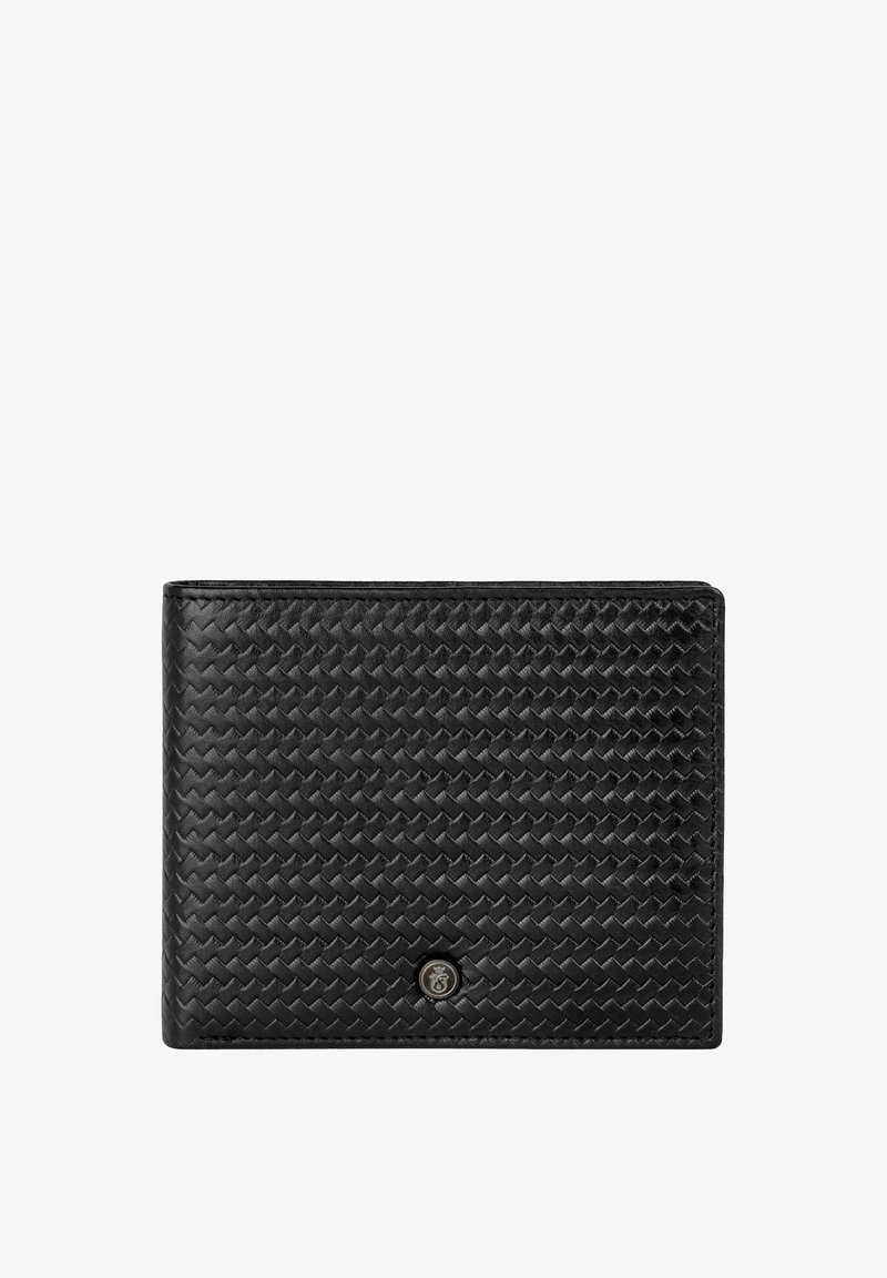 Portefeuille noir pliable en cuir tressé avec un petit emblème métallique circulaire au centre avant.