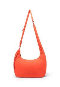 Élénk narancssárga, sima textúrájú anyagból készült hobo táska, állítható pánttal és cipzáras oldalzsebbel. Az elején logónyomat található.