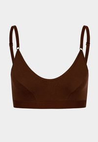 Braun Bralette mit verstellbaren Trägern. Hergestellt aus glattem Stoff, verfügt er über ein breites Band und ein nahtloses Cup-Design für Komfort und Unterstützung.