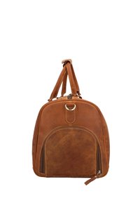 Brown leather backpack with a smooth texture, rounded shape, top handle, and front zippered pocket. Features visible stitching and hardware accents.