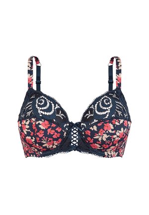 Soutien-gorge floral bleu marine avec des détails en dentelle, soutien-gorge à armatures et un centre en croix. Bretelles réglables et finition en tissu texturé.