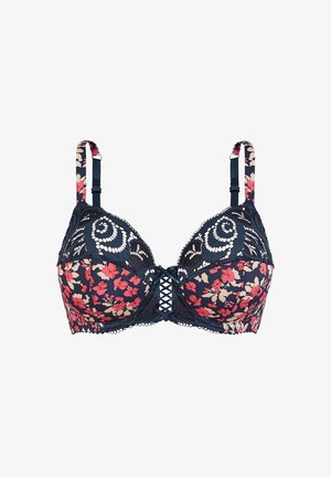 Soutien-gorge floral bleu marine avec des détails en dentelle, soutien-gorge à armatures et un centre en croix. Bretelles réglables et finition en tissu texturé.