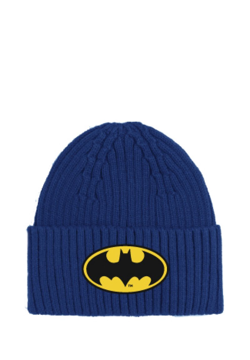Beanie lavorata a maglia blu con una patch del logo di Batman nero e giallo sul davanti, caratterizzata da un design a coste testurizzato.