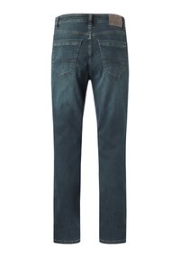 Dark blue denim jeans with a straight-leg fit, featuring back pockets and contrasting stitching details. Subtle texture and medium wash finish.