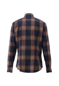 Langärmeliges Hemd in Marineblau mit kariertem Muster, das orangefarbene und cremefarbene Streifen aufweist, einen Kentkragen hat und mit Knöpfen an den Ärmelenden versehen ist.