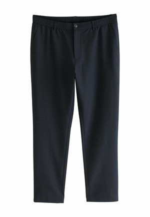 Navy blue pants made of smooth fabric; features a stretch waistband, button closure, and a tailored, tapered fit with no visible pockets.