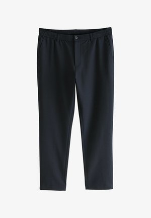 Tumedad sinised püksid, valmistatud siledast kangast; omavad venitusvöökohta, nööpklemmiga sulgemist ning kohandatud, kitsenevat lõiget ilma nähtavate taskuteta.