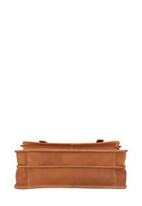 Brown leather bag with a rectangular shape, featuring two short handles, visible stitching, and a smooth texture.
