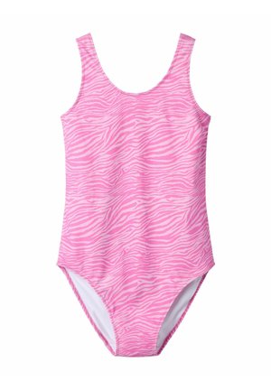 Maillot de bain une pièce rose avec des rayures zébrées rose clair, encolure dégagée et couvrant entièrement le dos.