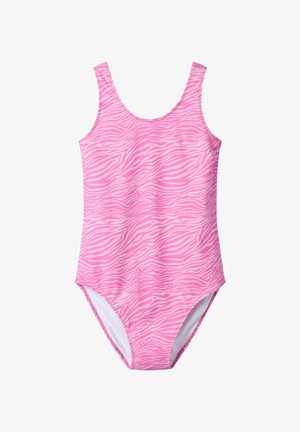 Maillot de bain une pièce rose avec des rayures zébrées rose clair, encolure dégagée et couvrant entièrement le dos.