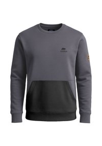 Grauer Kapuzenpullover mit schwarzem Unterteil, gerippten Bündchen und Saum. Mit einer Fronttasche, Logo auf der oberen linken Seite und Schulterpatch.