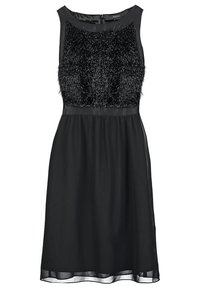 Robe noire sans manches avec corsage texturé scintillant et sur-jupe en voile transparent, avec encolure ronde et fermeture éclair au dos.
