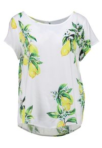Blusa bianca a maniche corte con motivo di limoni e foglie, realizzata in tessuto leggero, con orlo curvo e design morbido.