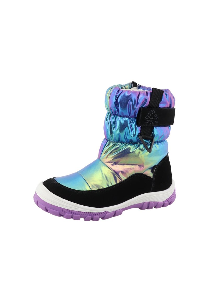 Bunte, schillernde Winterstiefel mit gepolstertem Design, schwarzen Wildlederakzenten und einer lila Gummisohle. Verstellbarer Riemen am Knöchel.