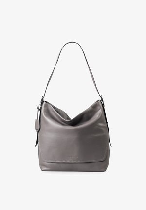 Borsa in pelle grigia con un design morbido, dotata di un'unica tracolla e di una finitura testurizzata. Presenta un logo discreto sul davanti.