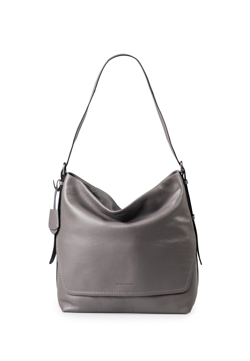 Graue Lederhandtasche mit einem lässigen Design, einem einzelnen Schulterriemen und einer strukturierten Oberfläche. Verfügt über ein dezentes Logo auf der Vorderseite.