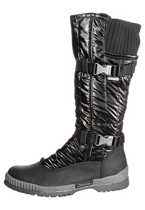 Botas negras hasta la rodilla con parte superior brillante y acolchada y sección inferior texturizada. Presentan correas y una suela de goma para mayor tracción.