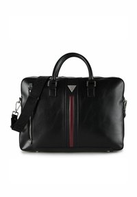 Zwarte leren tas met een strak rechthoekig ontwerp, voorzien van een rode streep, dubbele bovenhandvatten, afneembare schouderriem en zilverkleurige hardware.