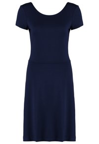 Robe bleu marine manches courtes avec encolure arrondie et ourlet longueur genou, confectionnée en tissu lisse et léger.
